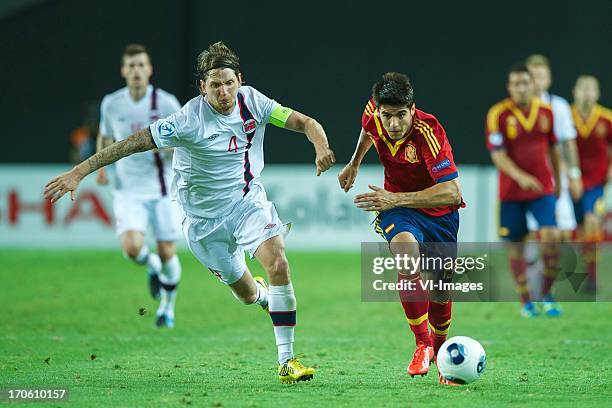 Stefan Strandberg of Norway U21, Alvaro Morata of Spain U21 during the UEFA EURO U21 championship semi-final match between Spain and Norway on June...