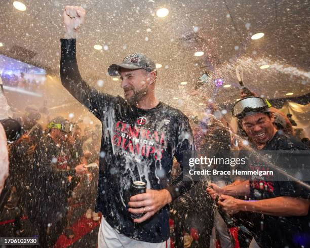 Manager Rocco Baldelli of the Minnesota Twins celebrates after clinching the AL Central Division against the Los Angeles Angels on September 22, 2023...