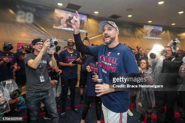 Manager Rocco Baldelli of the Minnesota Twins celebrates after clinching the AL Central Division against the Los Angeles Angels on September 22, 2023...