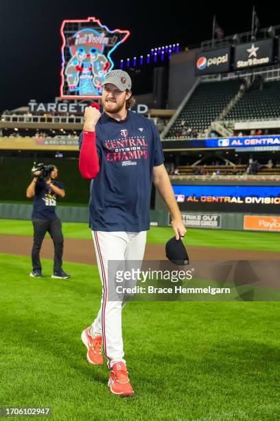 Bailey Ober of the Minnesota Twins celebrates after clinching the AL Central Division against the Los Angeles Angels on September 22, 2023 at Target...