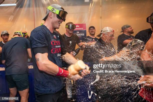 Max Kepler of the Minnesota Twins celebrates after clinching the AL Central Division against the Los Angeles Angels on September 22, 2023 at Target...