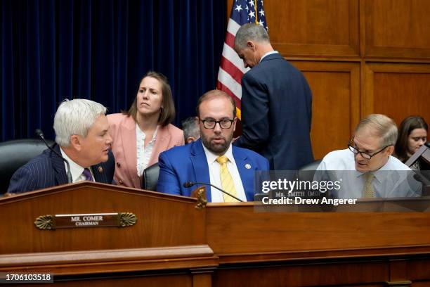 Chairman of the House Oversight Committee Rep. James Comer , Rep. Jason Smith and Rep. Jim Jordan talk during a Committee hearing titled “The Basis...