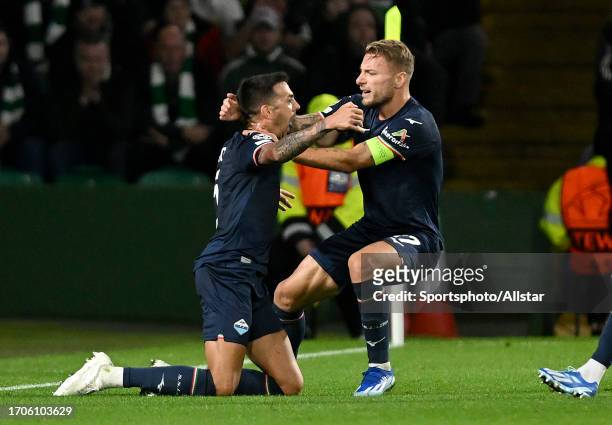 Matias Vecino of SS Lazio and Ciro Immobile of SS Lazio celebrate 2nd goal during the UEFA Champions League match between Celtic FC and SS Lazio at...