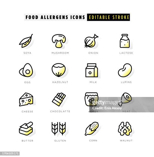 food allergens icons with yellow inner glow - walnut farm stock illustrations