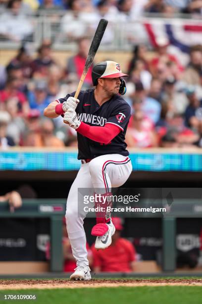 Kyle Farmer of the Minnesota Twins bats against the Los Angeles Angels on September 23, 2023 at Target Field in Minneapolis, Minnesota.
