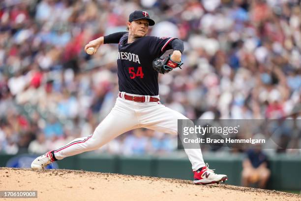 Sonny Gray of the Minnesota Twins pitches against the Los Angeles Angels on September 23, 2023 at Target Field in Minneapolis, Minnesota.