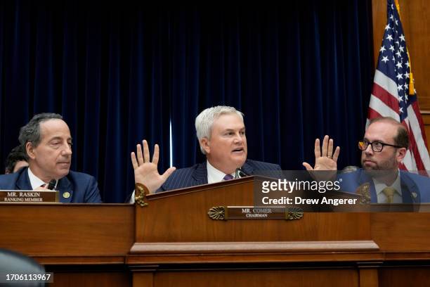 Chairman of the House Oversight Committee Rep. James Comer speaks alongside Ranking Member Rep. Jamie Raskin and Rep. Jason Smith during a Committee...