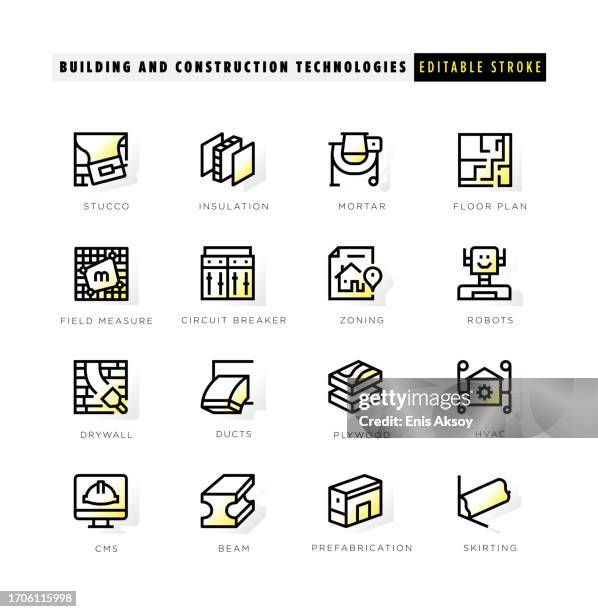 ikonen der bau- und konstruktionstechnologien mit gelbem innenleuchten - fußleiste stock-grafiken, -clipart, -cartoons und -symbole