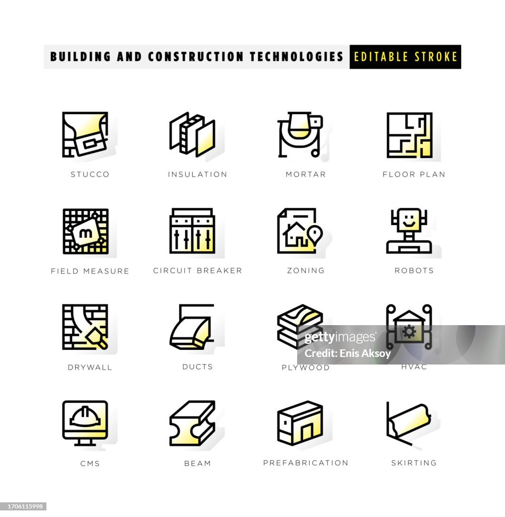 Building and construction technologies icons with yellow inner glow