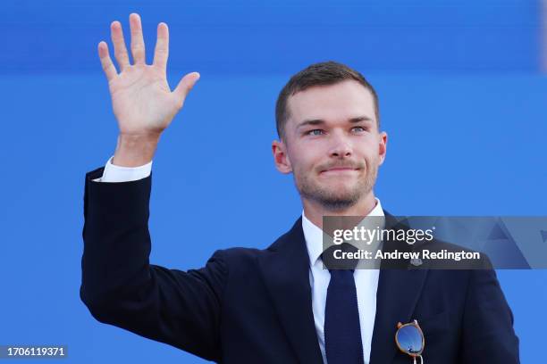 Nicolai Hojgaard of Team Europe acknowledges the crowd during the opening ceremony for the 2023 Ryder Cup at Marco Simone Golf Club on September 28,...
