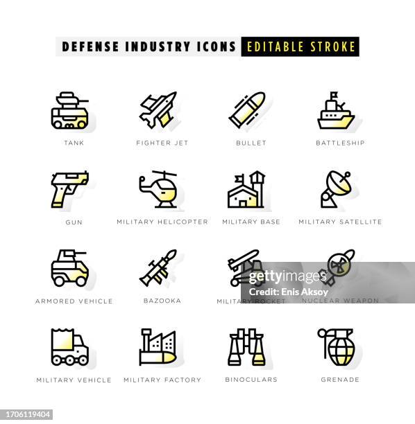 defense industry icons with yellow inner glow - military base stock illustrations