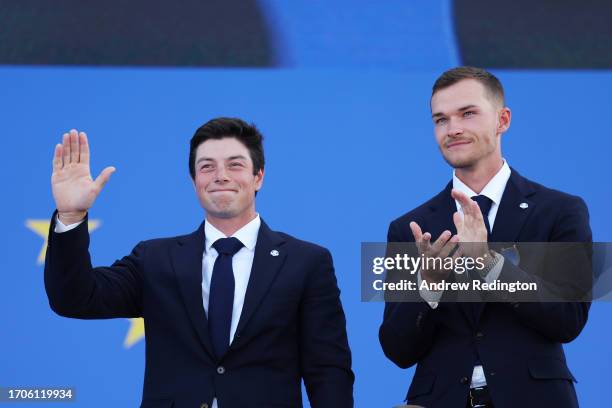 Viktor Hovland of Team Europe acknowledges the crowd as teammate Nicolai Hojgaard applauds during the opening ceremony for the 2023 Ryder Cup at...