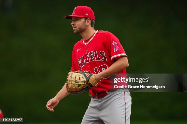 Nolan Schanuel of the Los Angeles Angels looks on against the Minnesota Twins on September 23, 2023 at Target Field in Minneapolis, Minnesota.