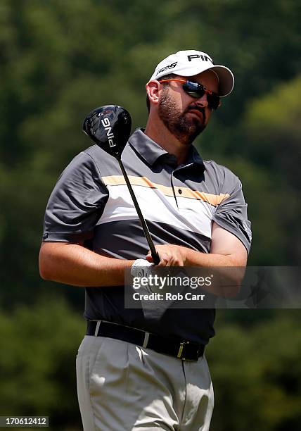 Edward Loar of the United States watches his tee shot on the second hole during Round Three of the 113th U.S. Open at Merion Golf Club on June 15,...