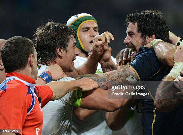 Scuffle between Eben Etzebeth of South Africa and Jim Hamilton of Scotland during the Castle Larger Incoming Tour match between South Africa and...