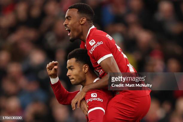 Cody Gakpo of Liverpool celebrates with Ryan Gravenberch after scoring the teams first goal during the Carabao Cup Third Round match between...