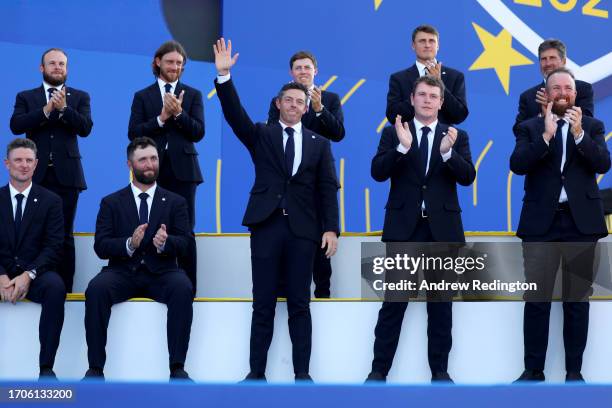 Rory McIlroy of Team Europe waves during the opening ceremony for the 2023 Ryder Cup at Marco Simone Golf Club on September 28, 2023 in Rome, Italy.