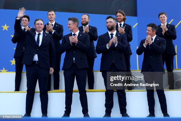 Sepp Straka of Team Europe acknowledges the crowd during the opening ceremony for the 2023 Ryder Cup at Marco Simone Golf Club on September 28, 2023...