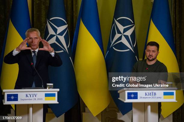 Secretary General of NATO Jens Stoltenberg and President Volodymyr Zelenskyi during a press conference on September 28, 2023 in Kyiv, Ukraine. NATO...
