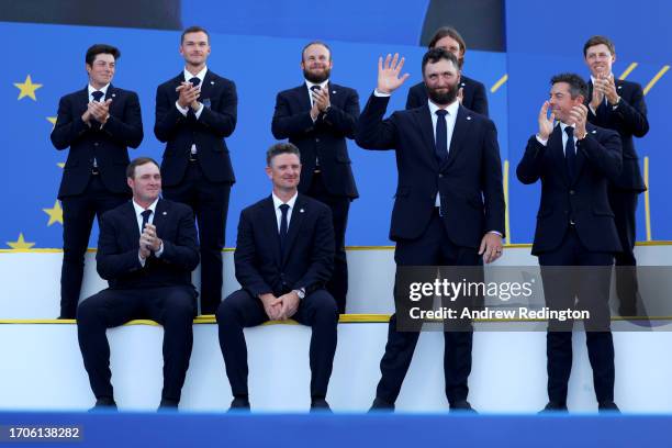 Jon Rahm of Team Europe acknowledges the crowd during the opening ceremony for the 2023 Ryder Cup at Marco Simone Golf Club on September 28, 2023 in...