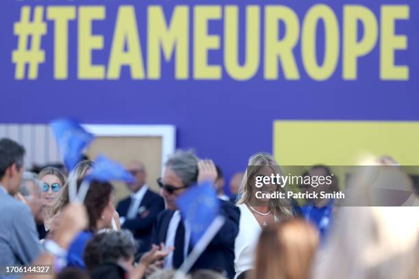 Kelley Cahill, wife of Jon Rahm of Team Europe, smiles during the opening ceremony for the 2023 Ryder Cup at Marco Simone Golf Club on September 28,...