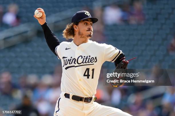 Joe Ryan of the Minnesota Twins pitches against the Los Angeles Angels on September 24, 2023 at Target Field in Minneapolis, Minnesota.