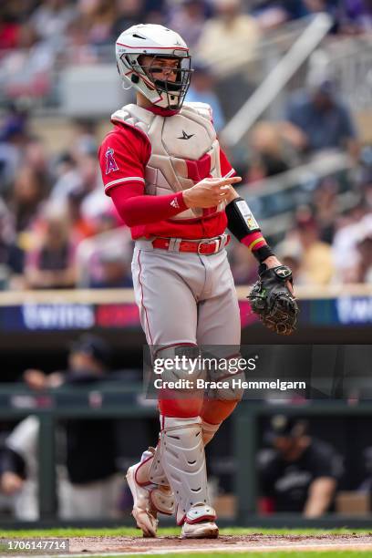 Logan O'Hoppe of the Los Angeles Angels looks on against the Minnesota Twins on September 24, 2023 at Target Field in Minneapolis, Minnesota.