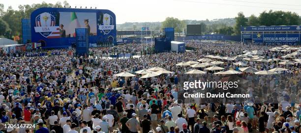 General view of the massed spectators during the opening ceremony for the 2023 Ryder Cup at Marco Simone Golf Club on September 28, 2023 in Rome,...
