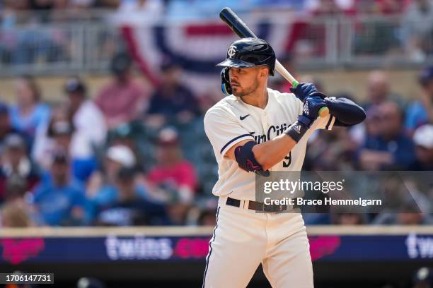 Trevor Larnach of the Minnesota Twins bats against the Los Angeles Angels on September 24, 2023 at Target Field in Minneapolis, Minnesota.