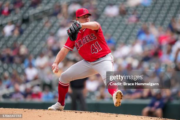 Carson Fulmer of the Los Angeles Angels pitches against the Minnesota Twins on September 24, 2023 at Target Field in Minneapolis, Minnesota.