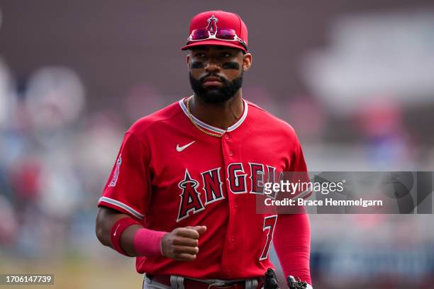 Jo Adell of the Los Angeles Angels looks on against the Minnesota Twins on September 24, 2023 at Target Field in Minneapolis, Minnesota.