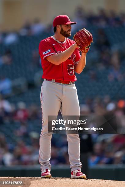 Andrew Wantz of the Los Angeles Angels pitches against the Minnesota Twins on September 24, 2023 at Target Field in Minneapolis, Minnesota.