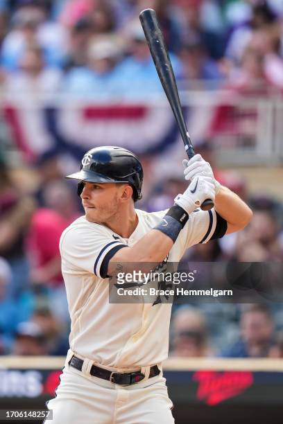Max Kepler of the Minnesota Twins bats against the Los Angeles Angels on September 24, 2023 at Target Field in Minneapolis, Minnesota.