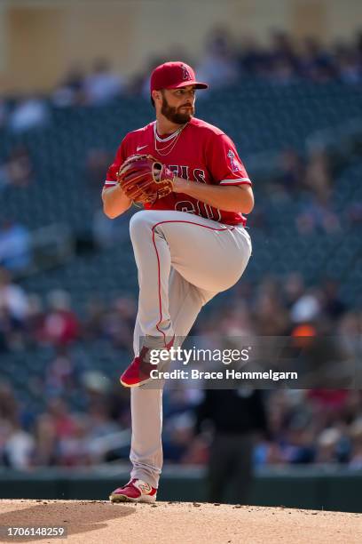 Andrew Wantz of the Los Angeles Angels pitches against the Minnesota Twins on September 24, 2023 at Target Field in Minneapolis, Minnesota.