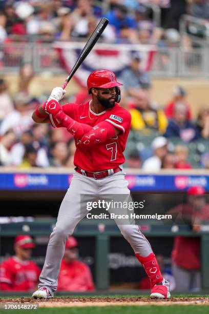 Jo Adell of the Los Angeles Angels bats against the Minnesota Twins on September 24, 2023 at Target Field in Minneapolis, Minnesota.