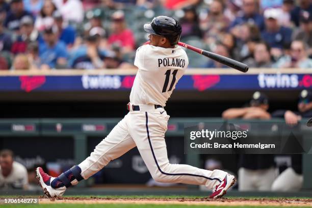 Jorge Polanco of the Minnesota Twins bats and hits a home run against the Los Angeles Angels on September 24, 2023 at Target Field in Minneapolis,...
