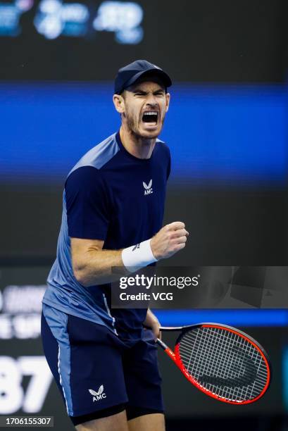 Andy Murray of Great Britain reacts in the Men's Singles Round of 32 match against Alex De Minaur of Australia on day three of 2023 China Open at the...