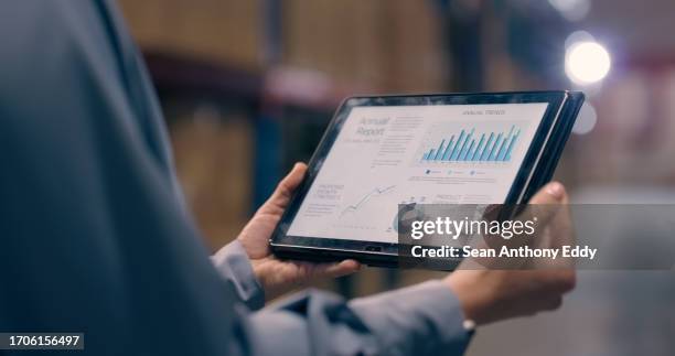 tablet, hands and inventory management at warehouse, data analysis with supplier and person in logistics. distribution, product inspection and analytics with digital information, storage and closeup - inventory management stock pictures, royalty-free photos & images