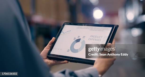 tablet, hands and inventory inspection at warehouse, data analysis with supplier and person in logistics. distribution, product expenses and analytics with digital information, storage and closeup - cost management stock pictures, royalty-free photos & images
