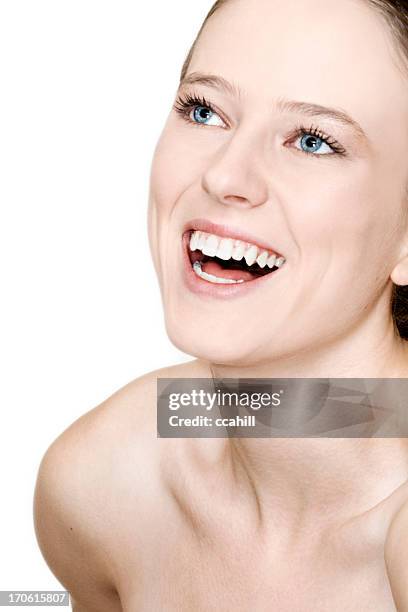 happy beauty shot - brown hair blue eyes and dimples stock pictures, royalty-free photos & images