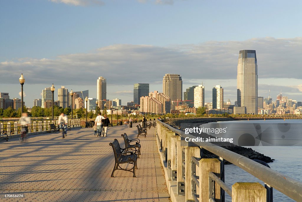 People in Liberty Park of New Jersey at Sunset