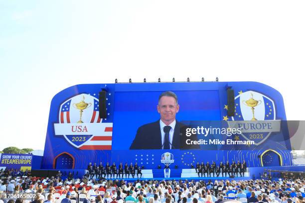 Luke Donald, Captain of Team Europe speaks on stage during the opening ceremony for the 2023 Ryder Cup at Marco Simone Golf Club on September 28,...