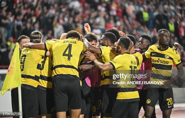 Young Boys players celebrate after their first goal during the UEFA Champions League 1st round day 2 Group G football match between FC Crvena Zvezda...