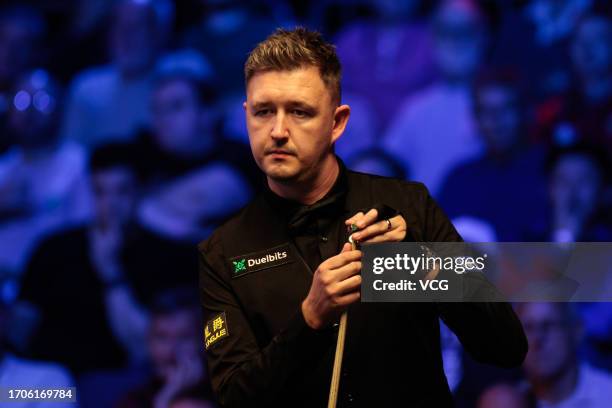 Kyren Wilson of England reacts in the second round match against Barry Hawkins of England on day 4 of the 2023 Cazoo British Open at the Centaur on...