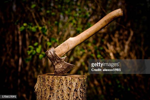 a axe stuck in a piece of wood - cutting stock pictures, royalty-free photos & images