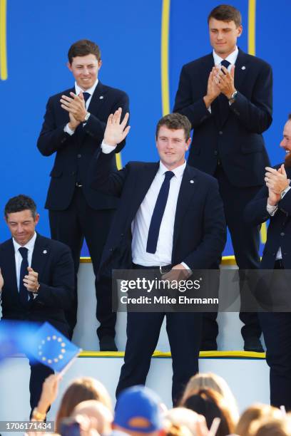 Robert MacIntyre of Team Europe acknowledges the crowd during the opening ceremony for the 2023 Ryder Cup at Marco Simone Golf Club on September 28,...