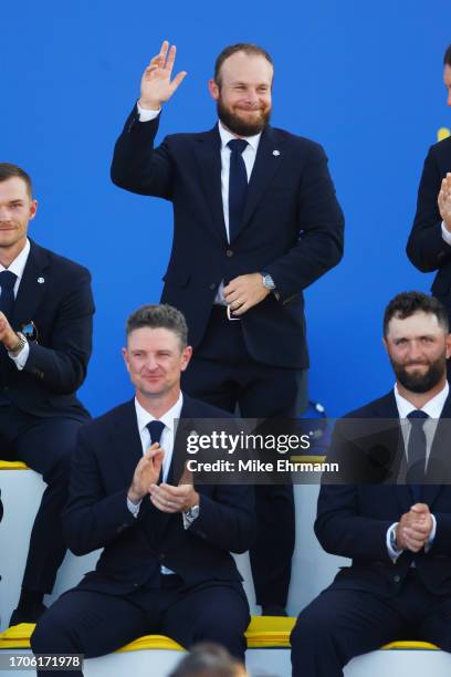 Tyrrell Hatton of Team Europe acknowledges the crowd during the opening ceremony for the 2023 Ryder Cup at Marco Simone Golf Club on September 28,...