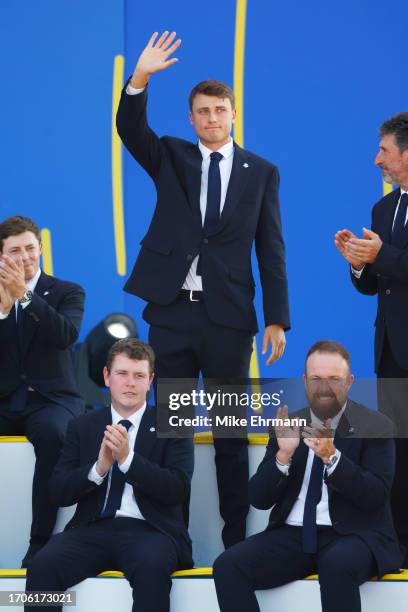 Ludvig Aberg of Team Europe acknowledges the crowd during the opening ceremony for the 2023 Ryder Cup at Marco Simone Golf Club on September 28, 2023...