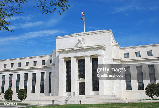 us federal reserve building in washington dc with blue sky - federal reserve stockfoto's en -beelden