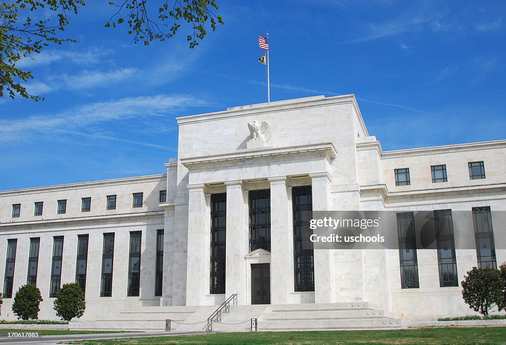 US Federal Reserve building in Washington DC with blue sky